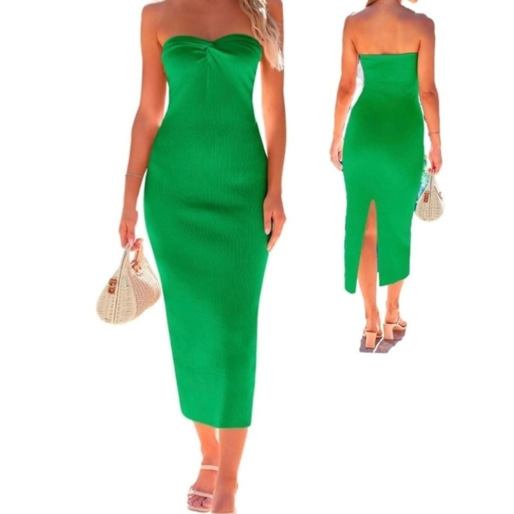 Elegant Green Strapless Knitted Bodycon Cotton Dress Size Small